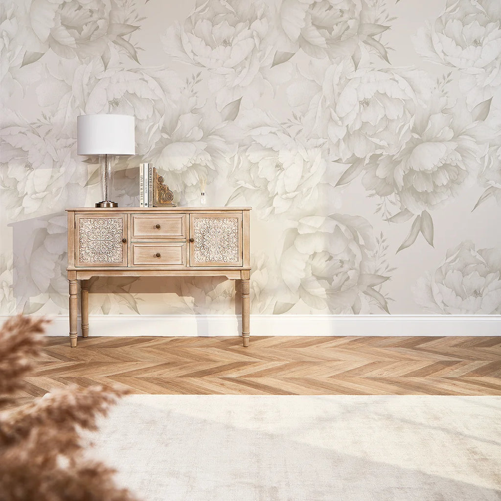 Vintage Peony Mural in Cool Neutrals – I Love Wallpaper