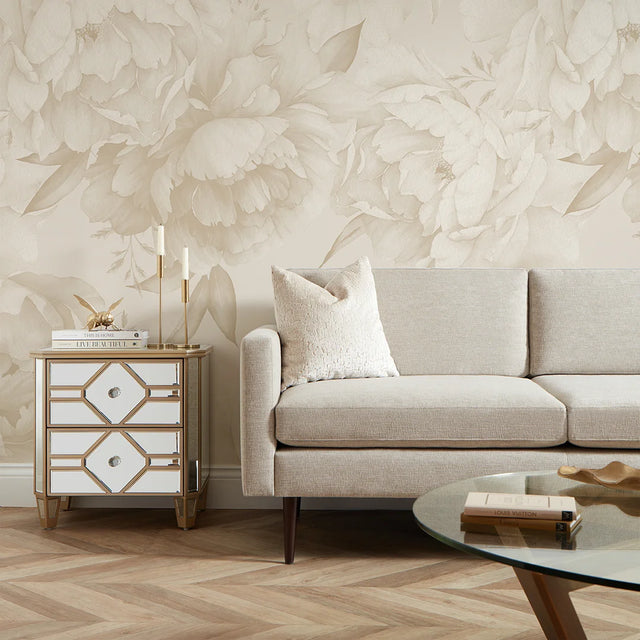Vintage Peony Full Wall Mural in Warm Neutrals
