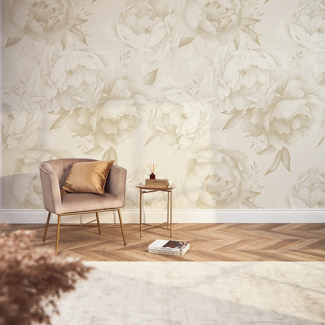 Vintage Peony Full Wall Mural in Warm Neutrals