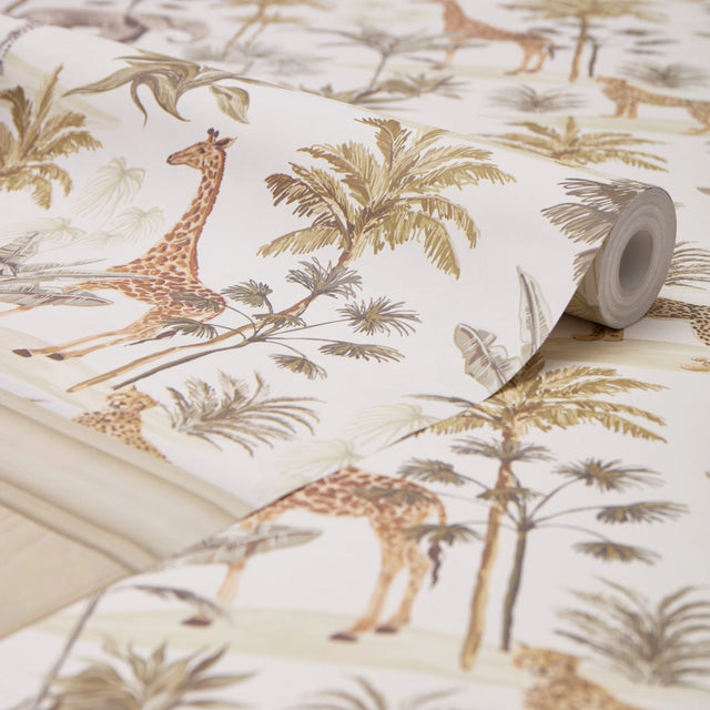 Vintage Explorer Panel Wallpaper in Earthy Tones with Cream Panel