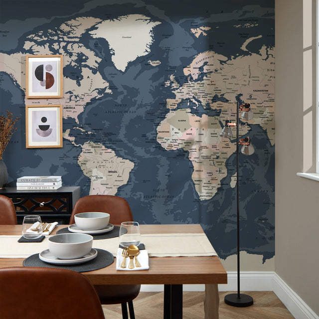 World Map Full Wall Mural in Dark