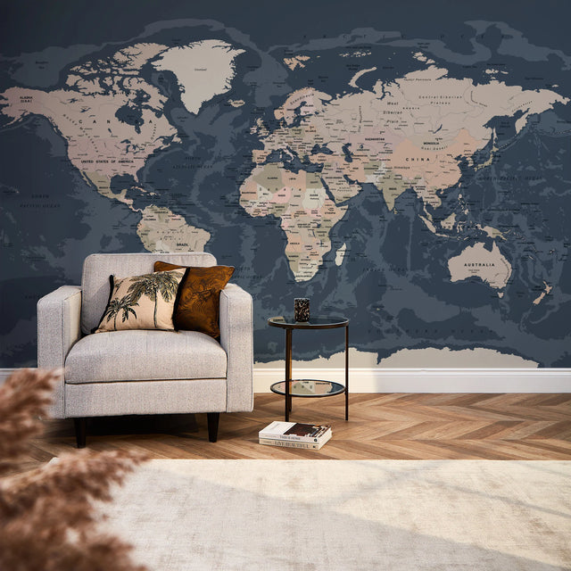 World Map Full Wall Mural in Dark
