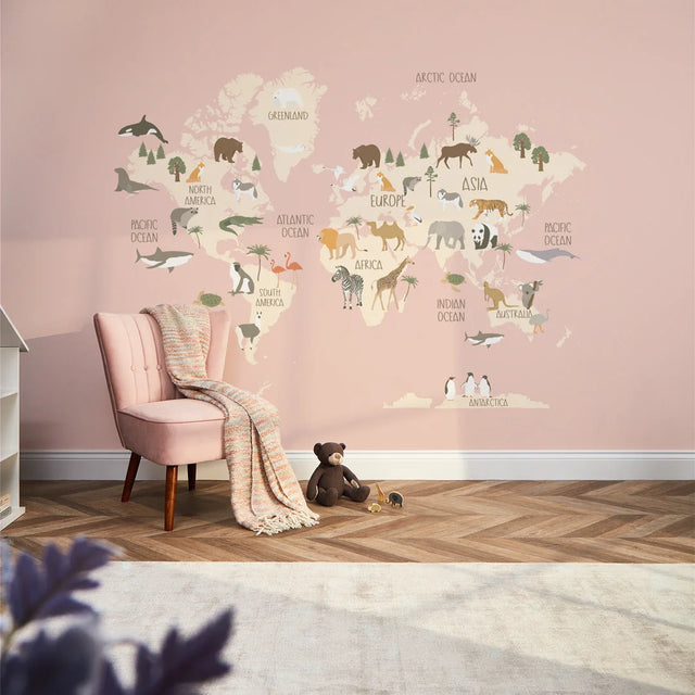 Scandi Safari Map Full Wall Mural in Pink