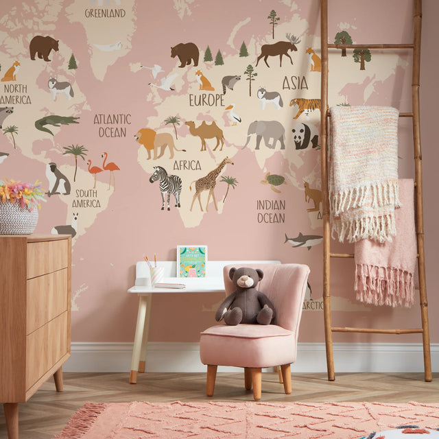 Scandi Safari Map Full Wall Mural in Pink