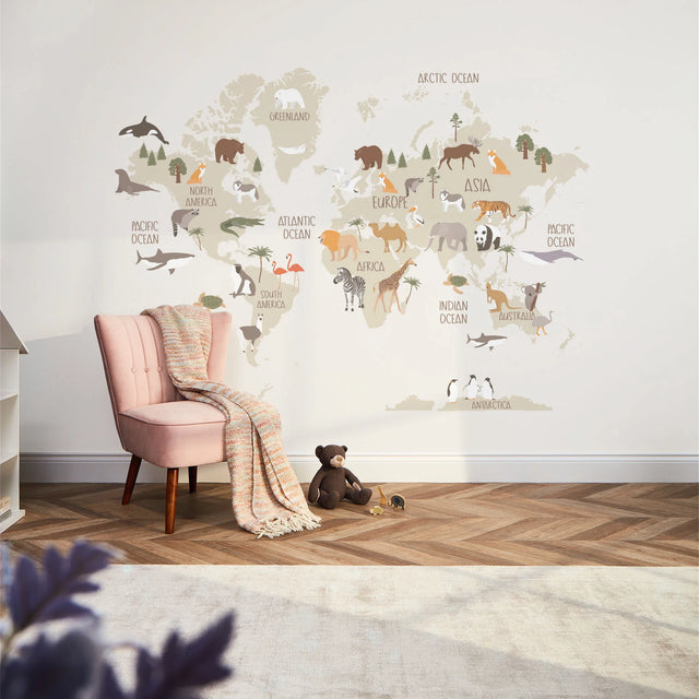 Scandi Safari Map Full Wall Mural in Natural