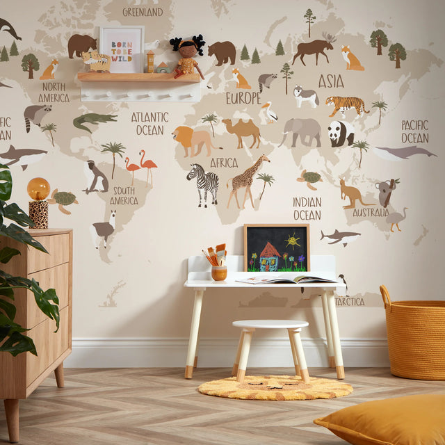 Scandi Safari Map Full Wall Mural in Natural