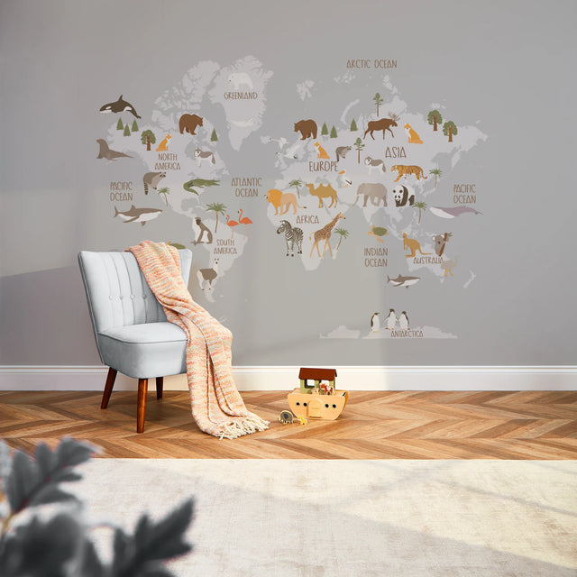 Scandi Safari Map Full Wall Mural in Grey