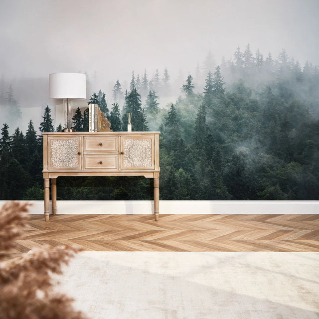 Misty Trees Fall Wall Mural in Green and Grey