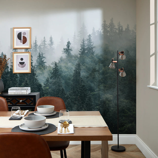 Misty Trees Fall Wall Mural in Green and Grey