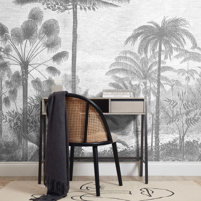 Etched Palms Full Wall Mural in Grey