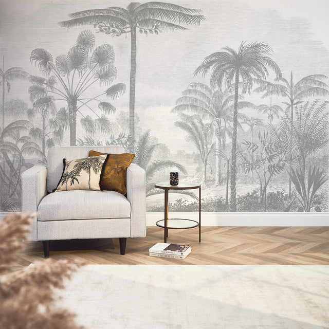 Etched Palms Full Wall Mural in Grey