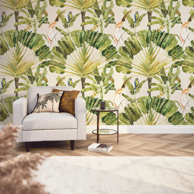 Parrot Paradise Full Wall Mural in Cream