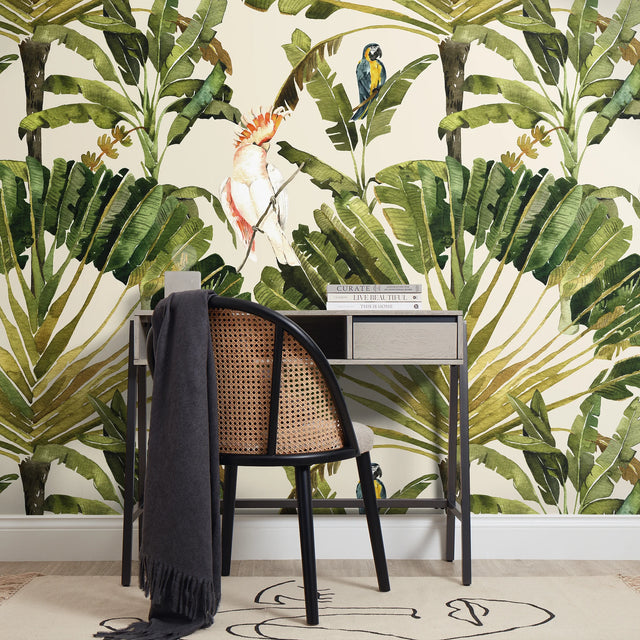 Parrot Paradise Full Wall Mural in Cream