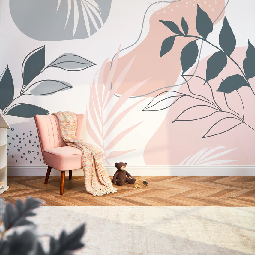 Boho Botanicals Mural in Pink and Teal