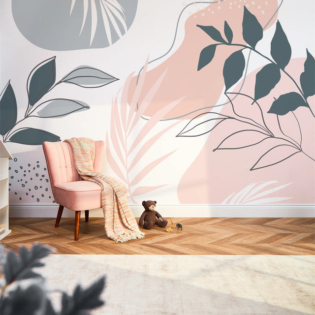 Boho Botanicals Full Wall Mural in Pink and Teal