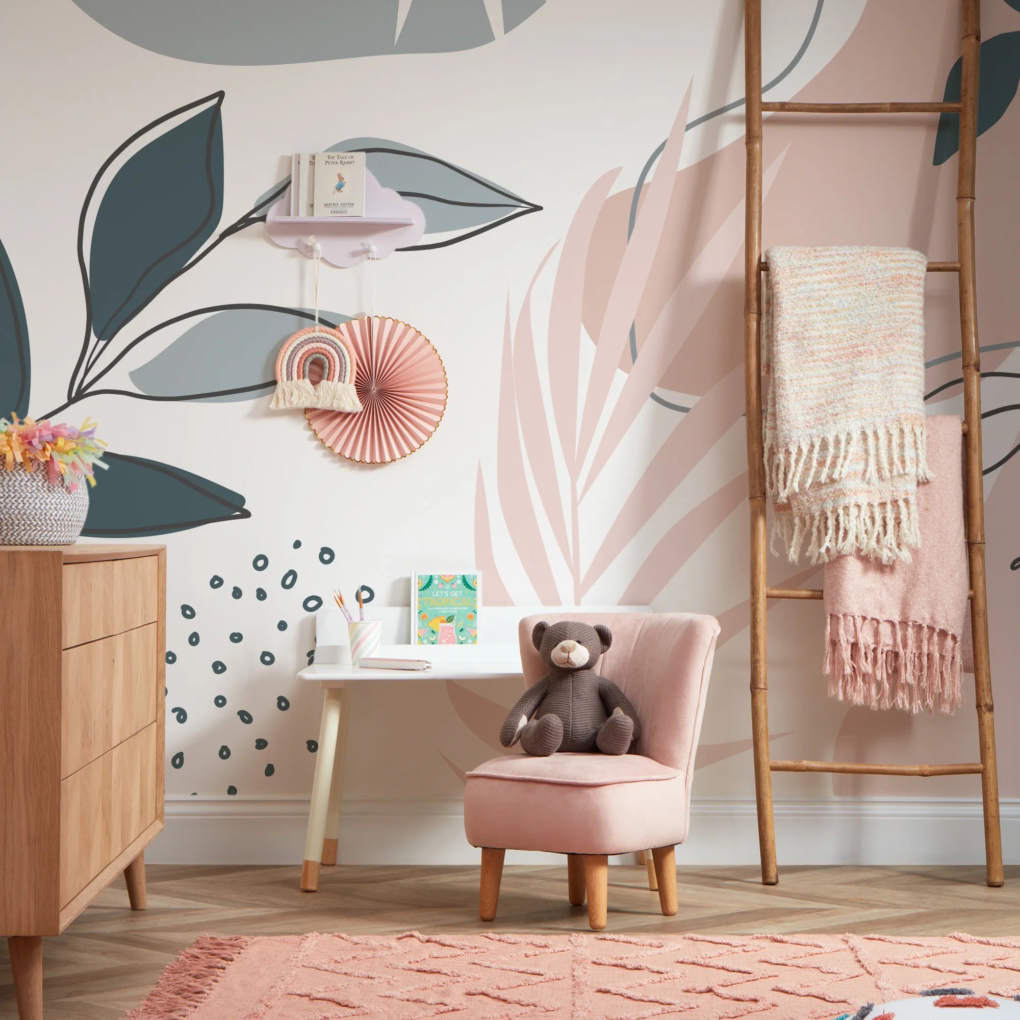 Sample of Boho Botanicals Mural in Pink and Teal