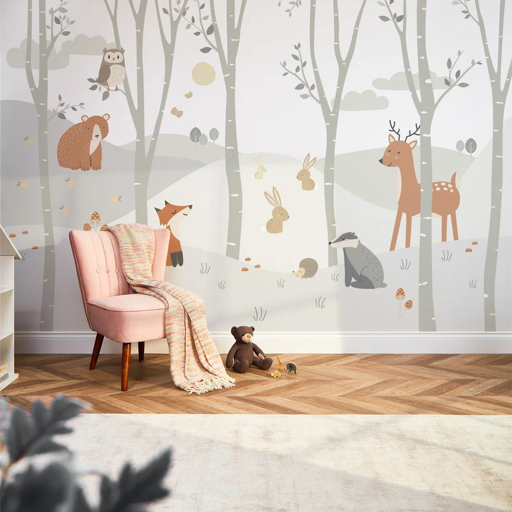 Sample of Woodland Animal Mural in Grey