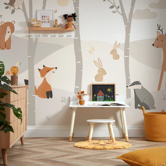 Woodland Animal Full Wall Mural in Grey