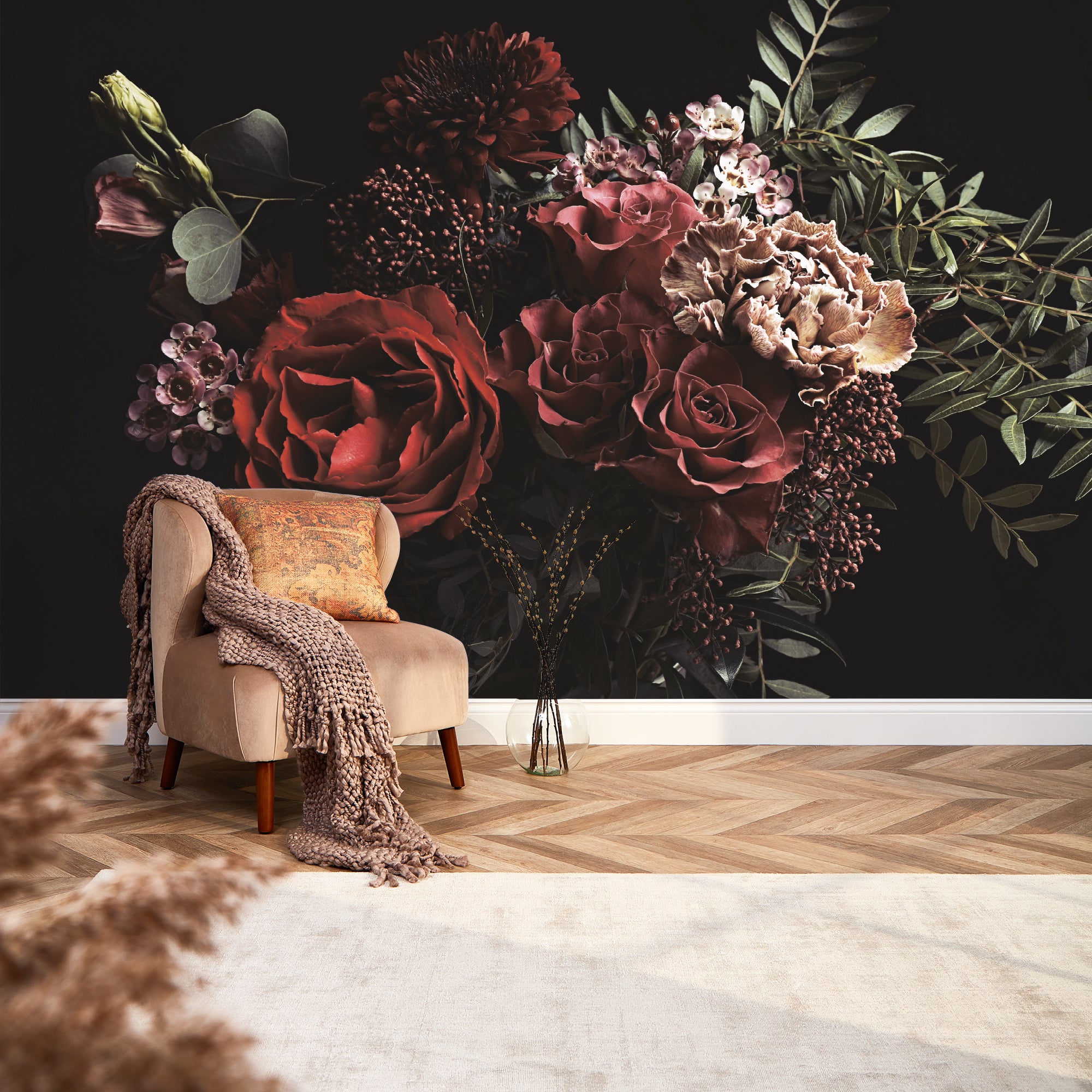 Sample of Dark Floral Bouquet Mural in Pink and Red