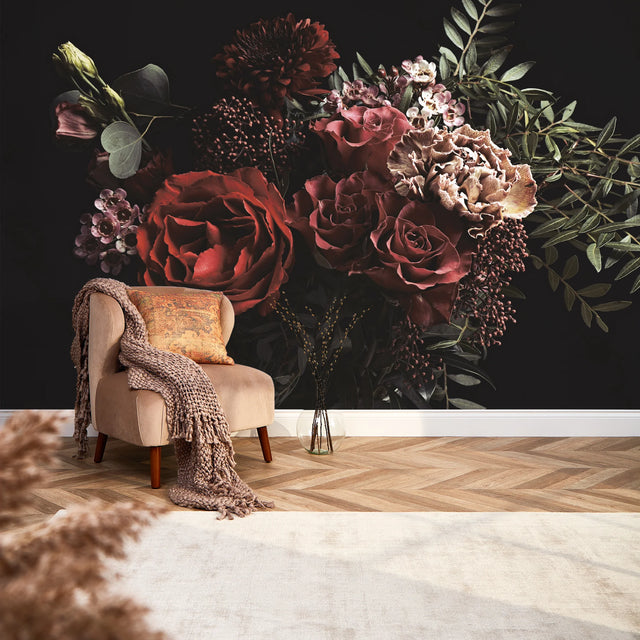 Dark Floral Bouquet Full Wall Mural in Pink and Red
