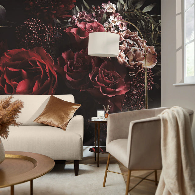 Dark Floral Bouquet Full Wall Mural in Pink and Red
