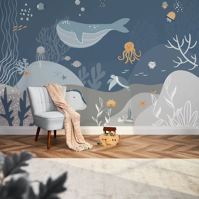 Under The Sea Full Wall Mural in Deep Blue