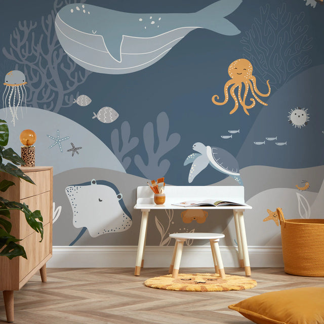 Under The Sea Full Wall Mural in Deep Blue