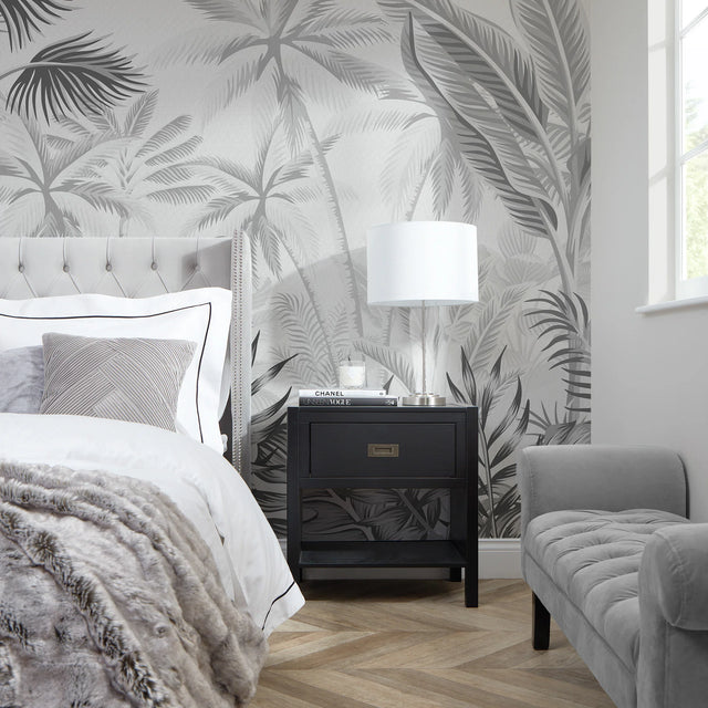 Jungle Escape Full Wall Mural in Pale Grey