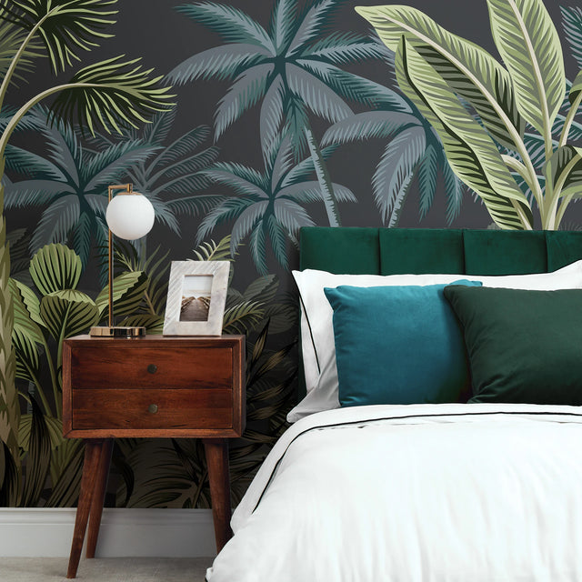 Jungle Escape Full Wall Mural in Dark Teal and Charcoal