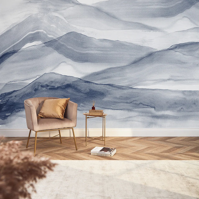 Watercolour Mountains Full Wall Mural in Deep Blue