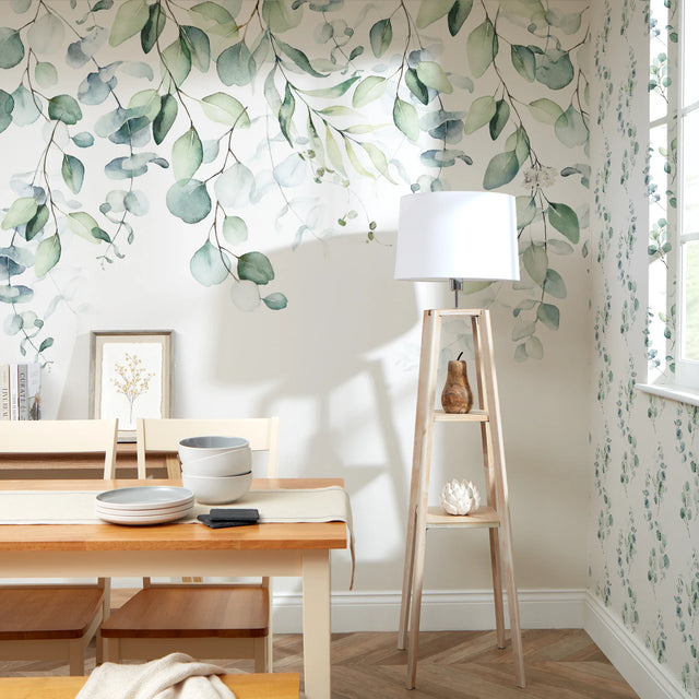 Eucalyptus Cascade Full Wall Mural in Watercolour Greens
