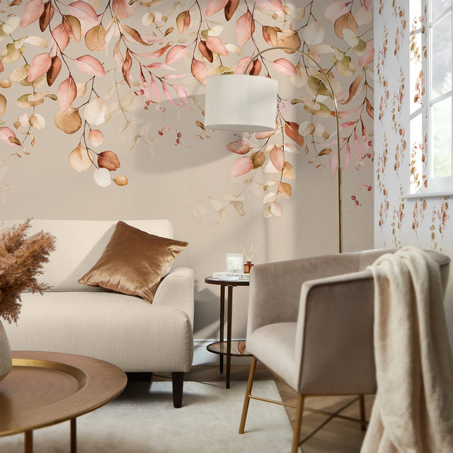 Eucalyptus Cascade Full Wall Mural in Autumn Browns and Oranges on Taupe