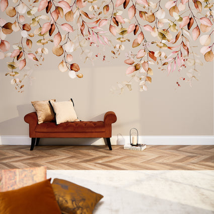 Sample of Eucalyptus Cascade mural in autumn browns and oranges on taupe