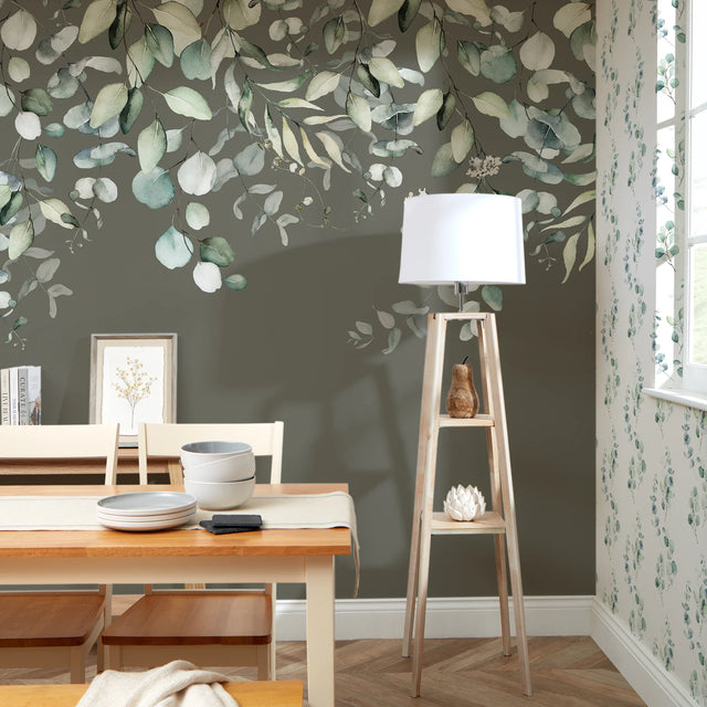 Eucalyptus Cascade Full Wall Mural in Watercolour Greens on Smokey Green