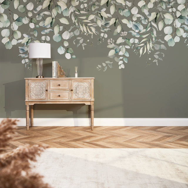 Eucalyptus Cascade Full Wall Mural in Watercolour Greens on Smokey Green