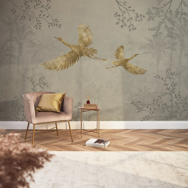 Oriental Cranes Full Wall Mural in Stone with Gold Effect
