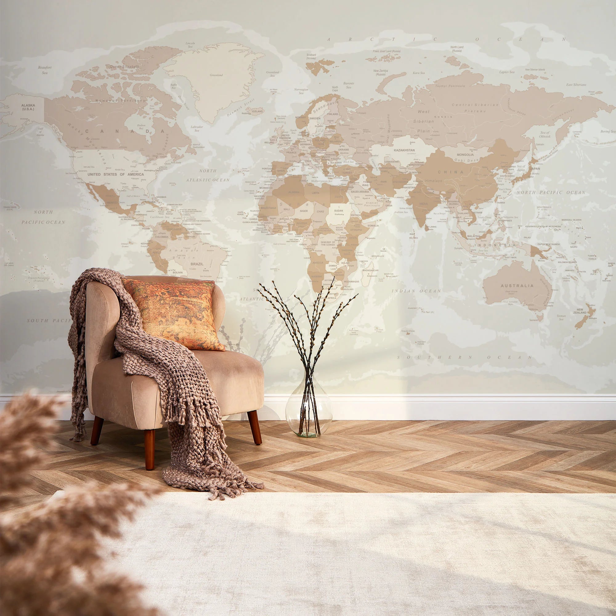 Sample of World Map mural in neutral