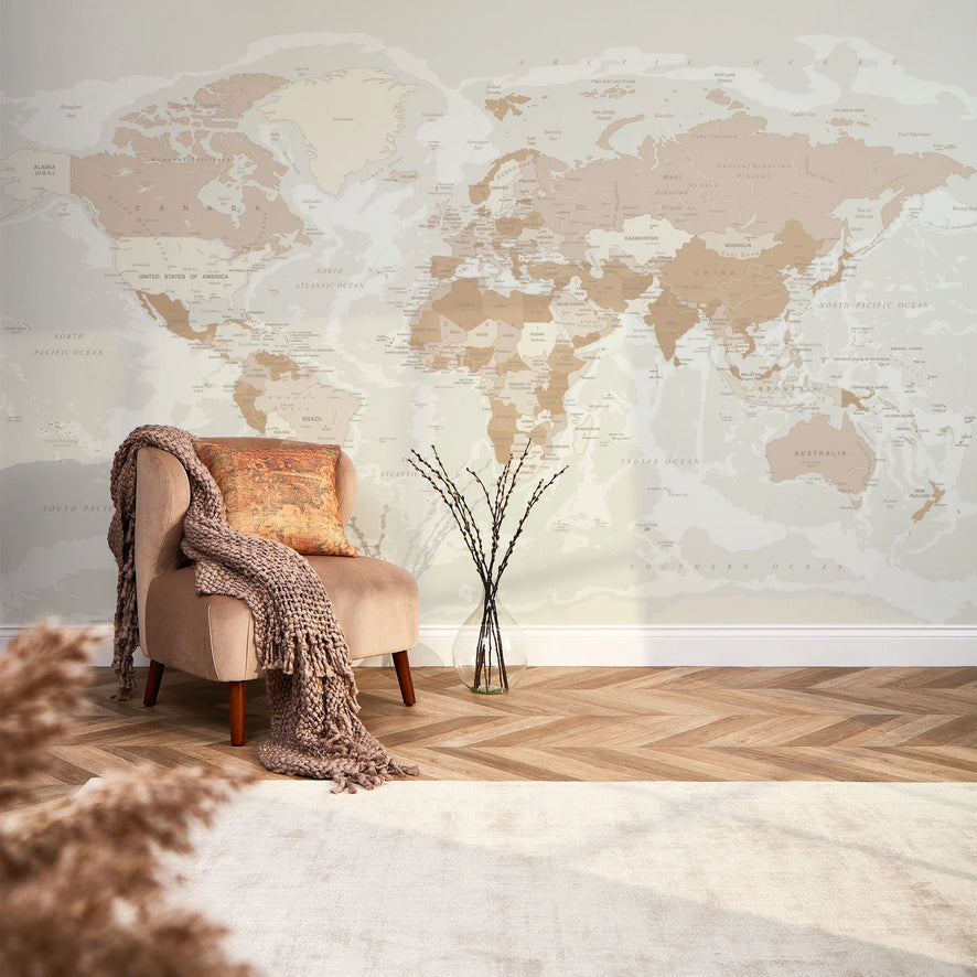 World Map Mural in Neutral
