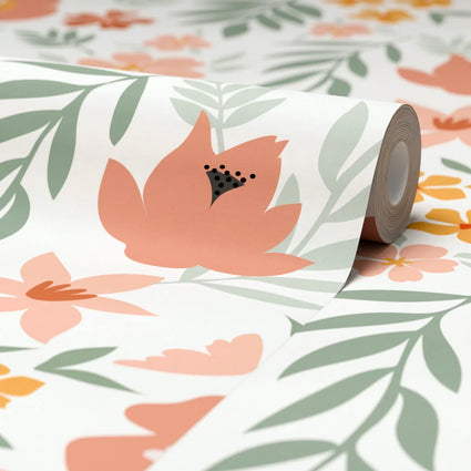 Wild Flowers Wallpaper Peach and Green