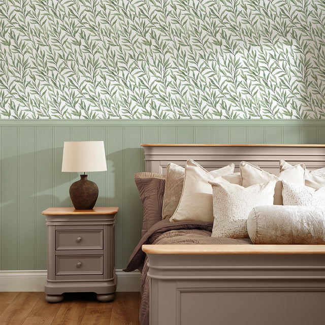 Willow Leaf Panel Wallpaper in Green with Green Panel