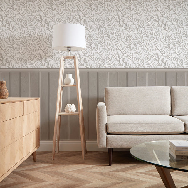 Willow Leaf Panel Wallpaper in Grey with Grey Panel