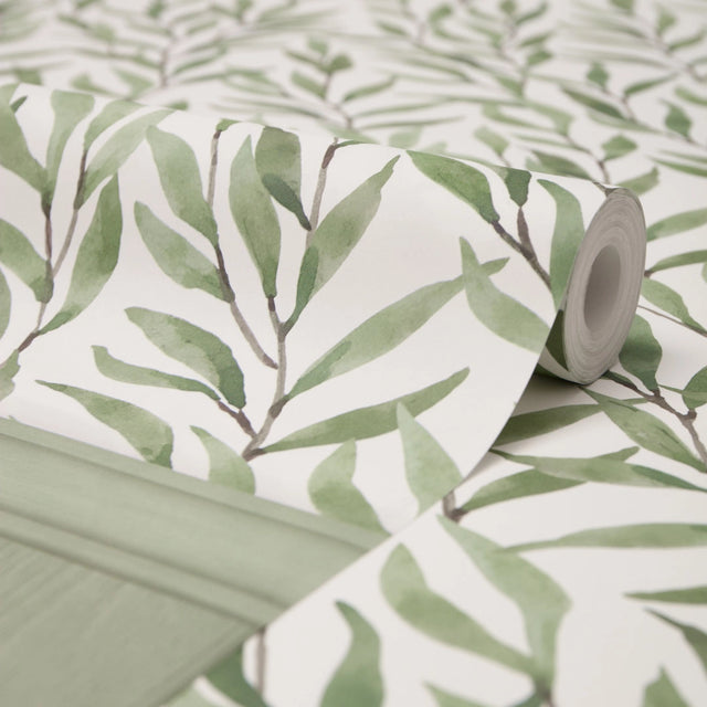 Willow Leaf Panel Wallpaper in Green with Green Panel