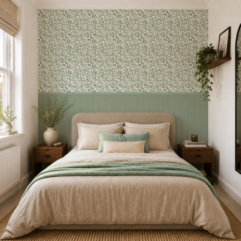 Willow Leaf Panel Wallpaper in Green with Green Panel