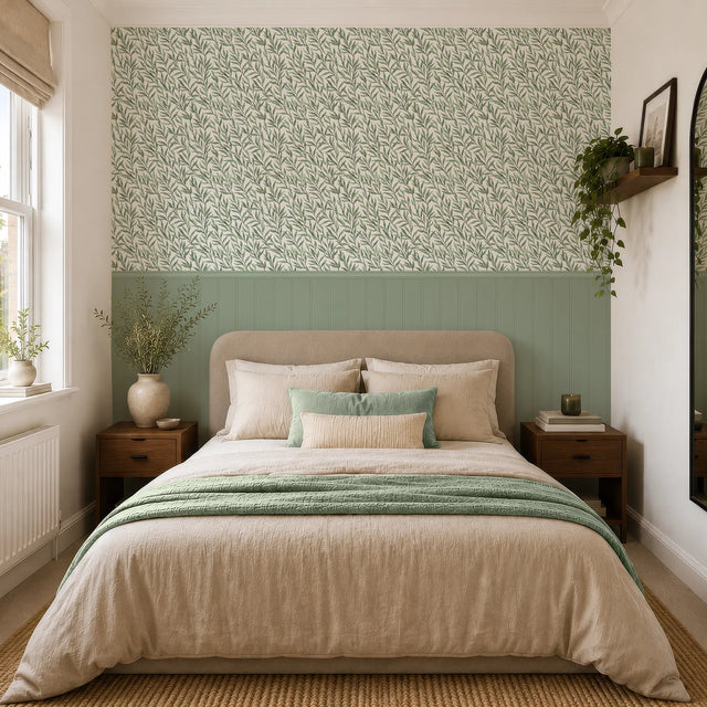 Willow Leaf Panel Wallpaper in Green with Green Panel