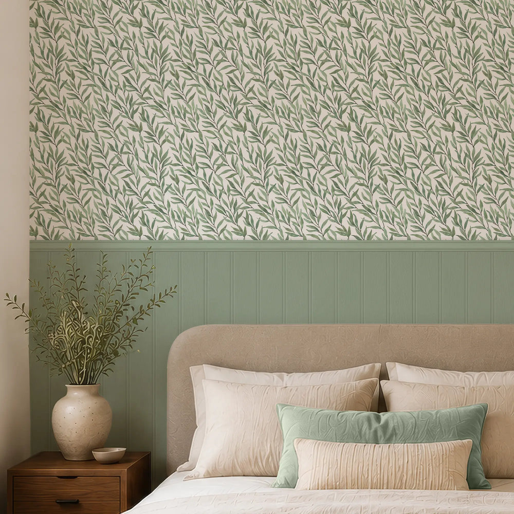 Willow Leaf Panel Wallpaper in Green with Green Panel