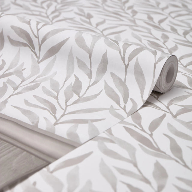 Willow Leaf Panel Wallpaper in Grey with Grey Panel