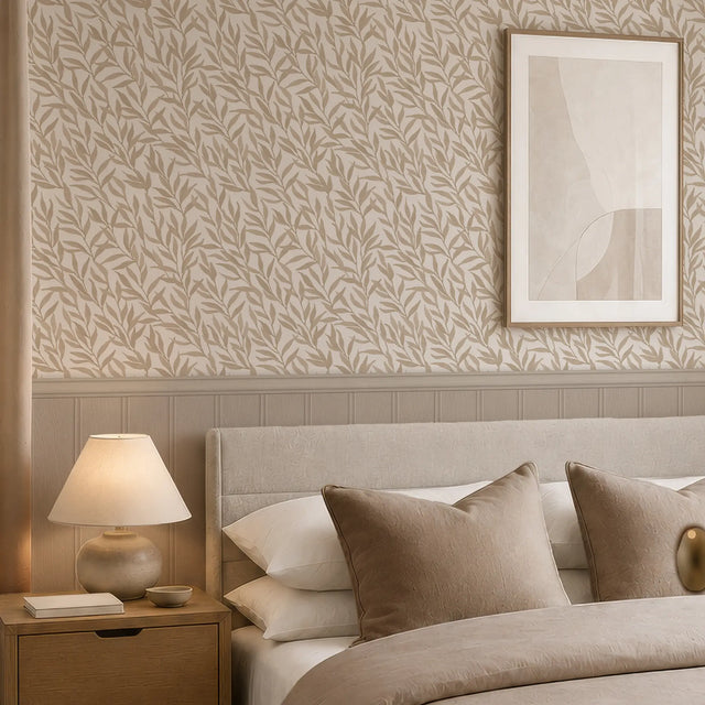 Willow Leaf Panel Wallpaper in Natural with Natural Panel
