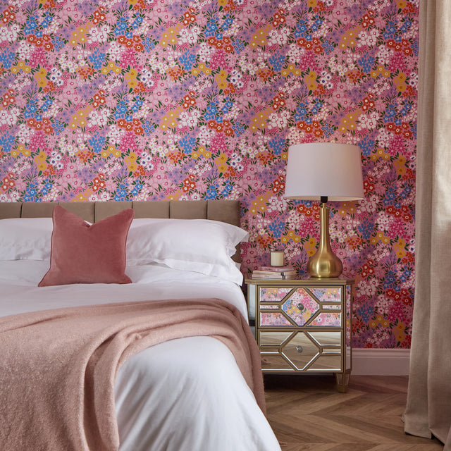 Woodland Meadow Wallpaper in Brights on Pink