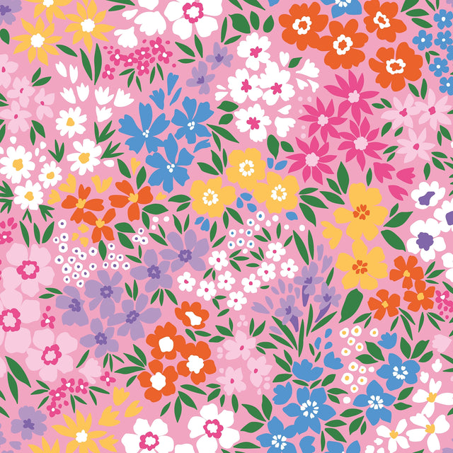 Woodland Meadow Wallpaper in Brights on Pink