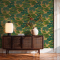Woodland Wonder Wallpaper in Greens and Teal on Gold